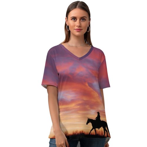 yanfind V Neck T-shirt for Women Cowboy Horses Silhouette Dawn Sunset Summer Top  Short Sleeve Casual Loose