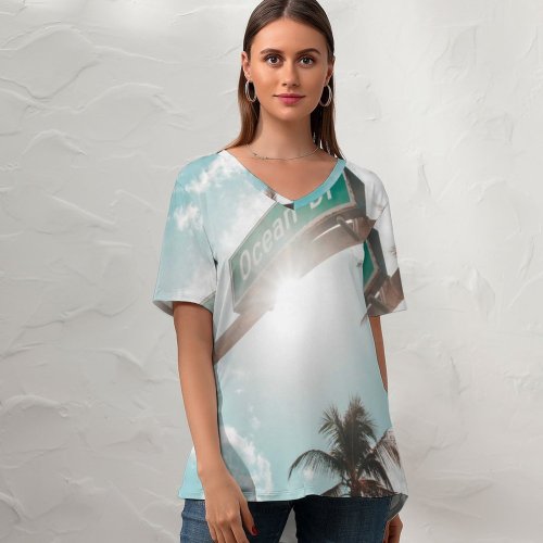 yanfind V Neck T-shirt for Women Journey Texture Flare Wallpapers Friends Plant Tree Free Palm Summer Trip Summer Top  Short Sleeve Casual Loose