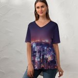 yanfind V Neck T-shirt for Women Daniel Zacatenco Dubai City United Arab Emirates City Cityscape Night Time City Summer Top  Short Sleeve Casual Loose