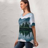 yanfind V Neck T-shirt for Women Mountains Lake Riven Reflection Trees Summer Top  Short Sleeve Casual Loose
