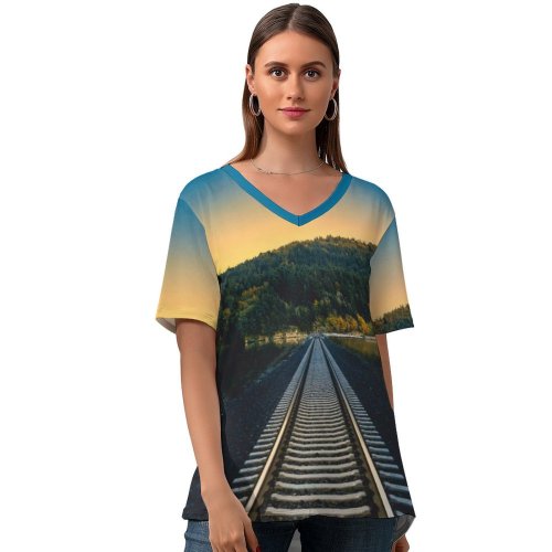 yanfind V Neck T-shirt for Women Jordan Steranka Railroad Rail Mountain River Crescent Moon Half Moon Landscape Sunset Summer Top  Short Sleeve Casual Loose