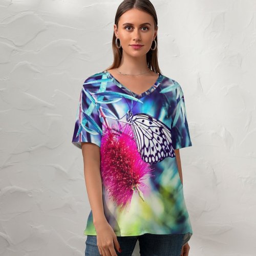 yanfind V Neck T-shirt for Women Insect Colorful Flora Montreal Wing Petal Stem Wallpapers Plant Bloom Antenna Summer Top  Short Sleeve Casual Loose