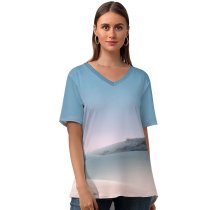 yanfind V Neck T-shirt for Women Sand Dunes Desert Clear Sky Sunny Daylight Microsoft Summer Top  Short Sleeve Casual Loose