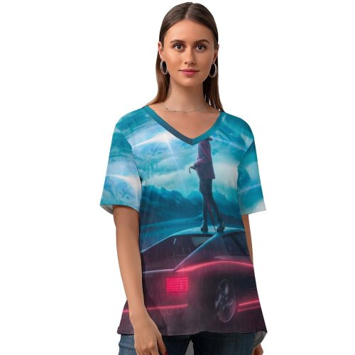 yanfind V Neck T-shirt for Women Vitaliy Art Sci Fi Spaceship Alien Flying Saucer UFO Summer Top  Short Sleeve Casual Loose