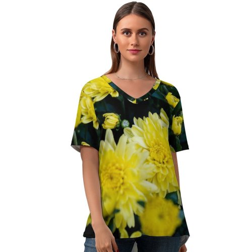 yanfind V Neck T-shirt for Women Arrangement Petal Flowers Wallpapers Dahlia Plant Asteraceae Pollen Stock Free Daisy Summer Top  Short Sleeve Casual Loose