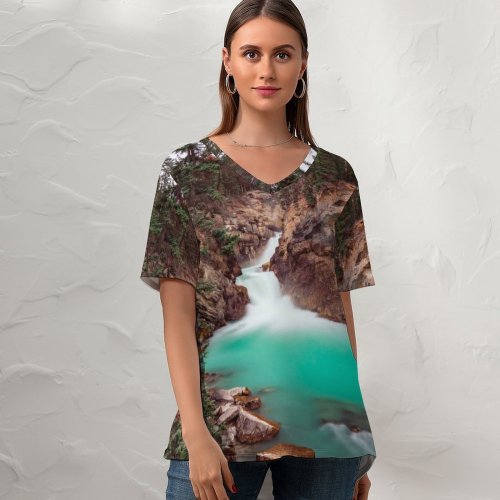 yanfind V Neck T-shirt for Women Joshua Woroniecki River Stream Cliffs Trees Rocks Summer Top  Short Sleeve Casual Loose