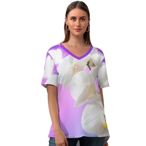 yanfind V Neck T-shirt for Women Flowers Orchid Flowers Orchids Summer Top  Short Sleeve Casual Loose