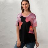 yanfind V Neck T-shirt for Women Travis Grossen Love Couple Silhouette Sunset Romantic Summer Top  Short Sleeve Casual Loose