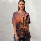yanfind V Neck T-shirt for Women Erotikpanda Cityscape City Lights Sunset Dawn Skyscrapers London Summer Top  Short Sleeve Casual Loose