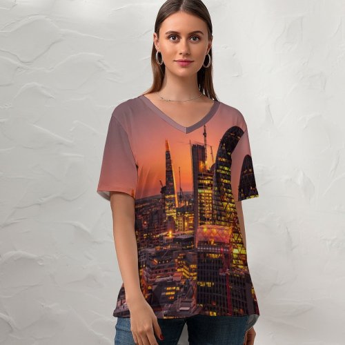 yanfind V Neck T-shirt for Women Erotikpanda Cityscape City Lights Sunset Dawn Skyscrapers London Summer Top  Short Sleeve Casual Loose