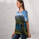 yanfind V Neck T-shirt for Women Mount Rainier Eunice Lake Landscape Sky Glacier Mountains Snow Covered Trees Clear Summer Top  Short Sleeve Casual Loose