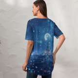 yanfind V Neck T-shirt for Women Fantasy Dream Cityscape Snowfall Moon Night Summer Top  Short Sleeve Casual Loose