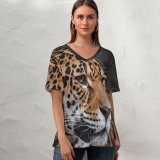 yanfind V Neck T-shirt for Women Mike Van Den Bos Leopard Wildlife Jaguar Closeup ARTIS Amsterdam Netherlands Summer Top  Short Sleeve Casual Loose
