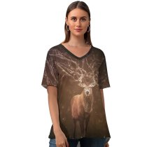 yanfind V Neck T-shirt for Women Comfreak Black Dark Hirsch Deer Forest Sun Rays Dark Wildlife Rock Summer Top  Short Sleeve Casual Loose