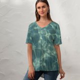 yanfind V Neck T-shirt for Women Sea Ocean Light Clear Ripples Wavy Lines Aqua Turquoise Azure Teal Organism Summer Top  Short Sleeve Casual Loose