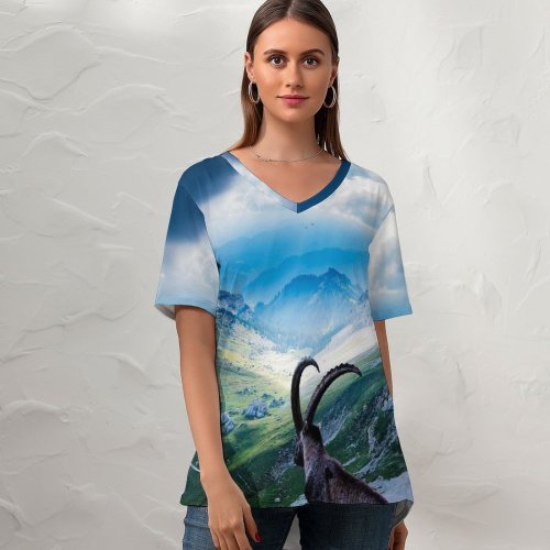 yanfind V Neck T-shirt for Women Robin Kamp Mount Pilatus Goat Landscape Valley Clouds Sunlight Scenic Summer Top  Short Sleeve Casual Loose
