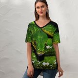 yanfind V Neck T-shirt for Women Black Dark Tree Python Snake Python Drops Dark Summer Top  Short Sleeve Casual Loose