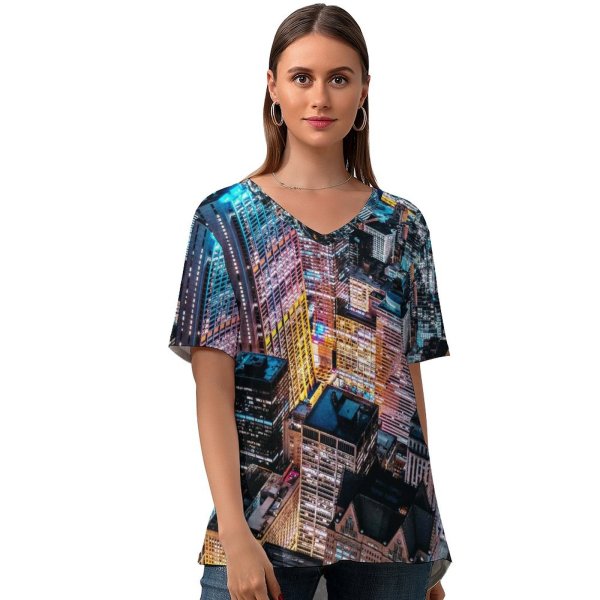 yanfind V Neck T-shirt for Women Benjamin Suter Chicago Skyscrapers Cityscape Night City Lights Aerial Willis Tower Illinois Summer Top  Short Sleeve Casual Loose
