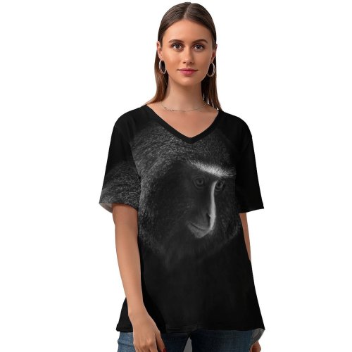 yanfind V Neck T-shirt for Women William Warby Black Dark Hamlyn's Monkey Owlfaced Monkey Dark Summer Top  Short Sleeve Casual Loose
