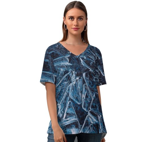 yanfind V Neck T-shirt for Women Glass HQ Texture Frost Snow Wallpapers Outdoors Froze Modern Frosty Winter Summer Top  Short Sleeve Casual Loose