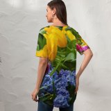 yanfind V Neck T-shirt for Women Arrangement Ogorod Iris Spring Petal Pottery Potted Flowers Jar Vase Plant Summer Top  Short Sleeve Casual Loose