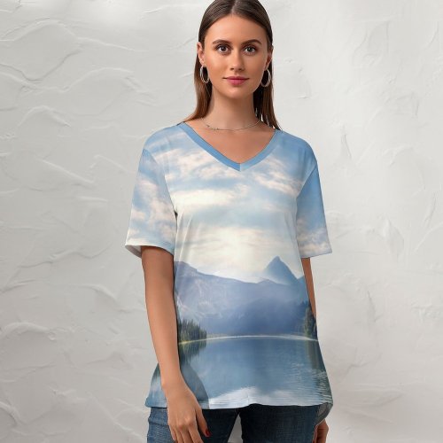 yanfind V Neck T-shirt for Women River Mountains Forest Sunny Landscape Summer Top  Short Sleeve Casual Loose