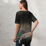 yanfind V Neck T-shirt for Women Anek Suwannaphoom Bengal Tiger Cave Tiger Wild Dark Summer Top  Short Sleeve Casual Loose