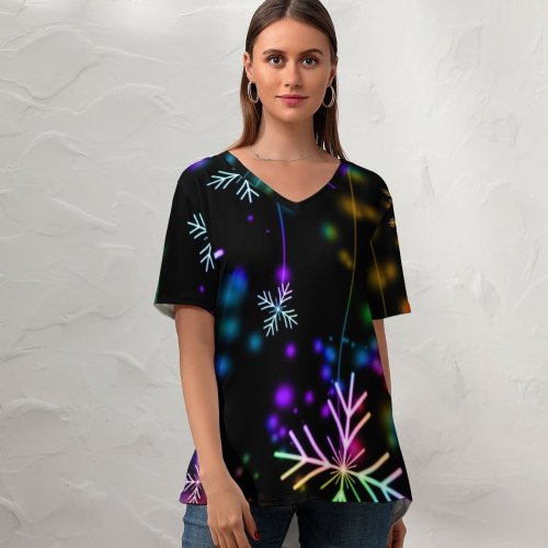 yanfind V Neck T-shirt for Women Rachel Burkum Celebrations Christmas Snowflakes Winter AMOLED Colorful Bokeh Summer Top  Short Sleeve Casual Loose