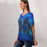 yanfind V Neck T-shirt for Women Mohsen Kamalzadeh Coal Harbour Vancouver City Canada Cityscape Reflection Skyscrapers City Lights Summer Top  Short Sleeve Casual Loose