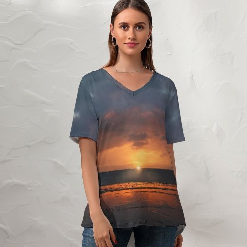 yanfind V Neck T-shirt for Women Sunset Landscape Dusk Summer Top  Short Sleeve Casual Loose