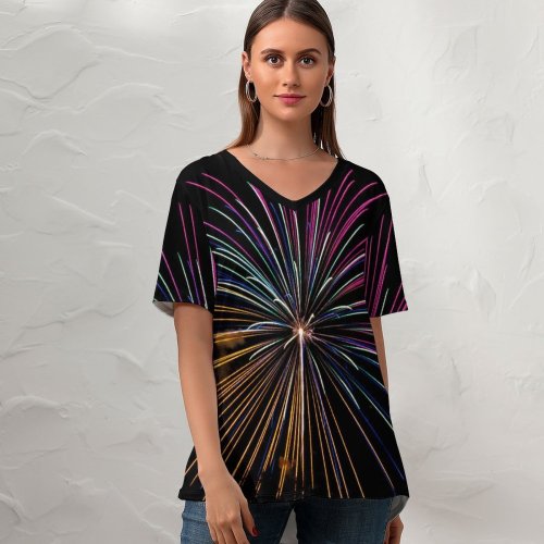 yanfind V Neck T-shirt for Women Anthony Roberts Black Dark Celebrations Year Fireworks Year's Eve Night Colorful Dark Summer Top  Short Sleeve Casual Loose