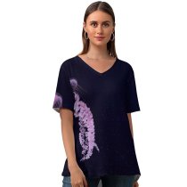yanfind V Neck T-shirt for Women Black Dark Jellyfish Dark Sea Life Aquarium Underwater Glowing  Summer Top  Short Sleeve Casual Loose