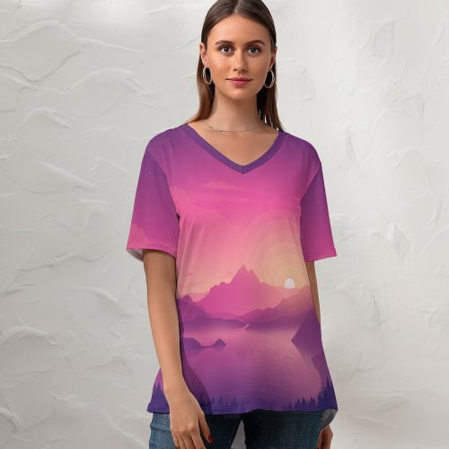 yanfind V Neck T-shirt for Women Coyle Lakeside Sky Sunset Minimal Art Gradient Landscape Scenic Panorama Summer Top  Short Sleeve Casual Loose