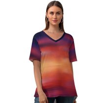 yanfind V Neck T-shirt for Women Johannes Plenio Tree Seascape Ocean Sunrise Dawn Summer Top  Short Sleeve Casual Loose