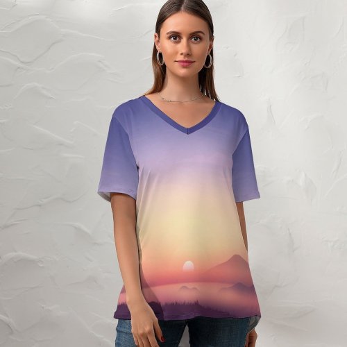 yanfind V Neck T-shirt for Women Coyle Sunrise Landscape Scenery Gradient Bear Deer Early Morning Summer Top  Short Sleeve Casual Loose
