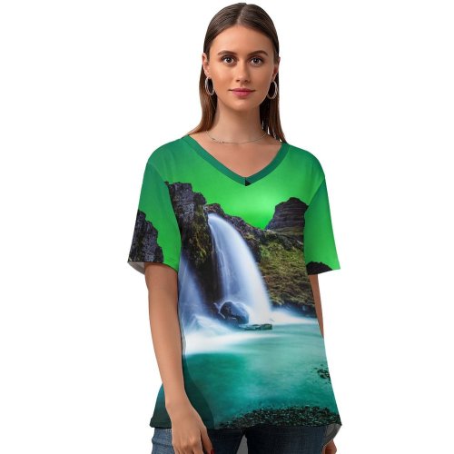 yanfind V Neck T-shirt for Women Andrés Nieto Porras Kirkjufell Aurora Borealis Northern Lights Iceland Mountain Waterfalls Landscape Summer Top  Short Sleeve Casual Loose