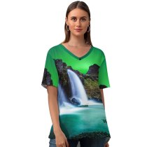 yanfind V Neck T-shirt for Women Andrés Nieto Porras Kirkjufell Aurora Borealis Northern Lights Iceland Mountain Waterfalls Landscape Summer Top  Short Sleeve Casual Loose
