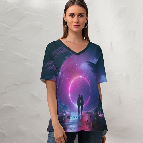 yanfind V Neck T-shirt for Women Beeple Love Couple Neon Destiny Dream Rocks Starry Sky Together Romantic Summer Top  Short Sleeve Casual Loose