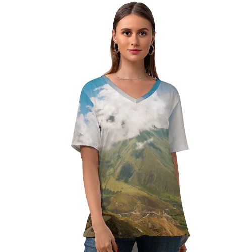 yanfind V Neck T-shirt for Women Argentina Landscape Aerial Grass Wallpapers Hill Plant Mountain Outdoors Scenery Slope Summer Top  Short Sleeve Casual Loose