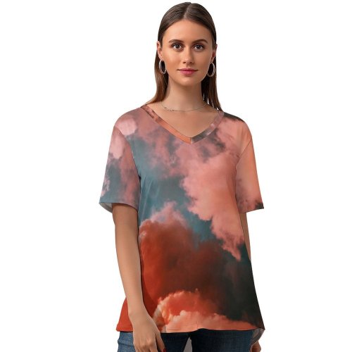 yanfind V Neck T-shirt for Women Cumulus HQ Texture Sky Wallpapers Outdoors Aesthetic Art Pictures Cloud PNG Summer Top  Short Sleeve Casual Loose