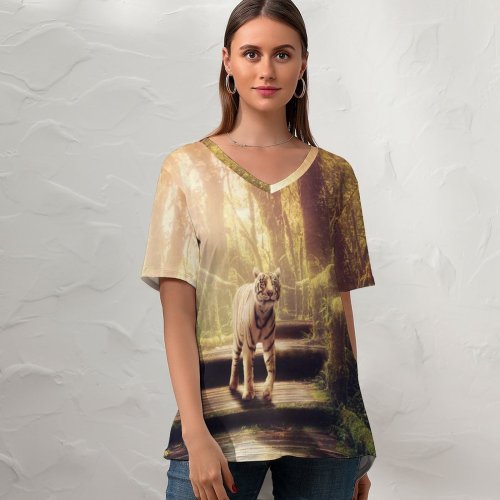yanfind V Neck T-shirt for Women Dorothe Tiger Wooden Stairs Forest Jungle Trees Sunlight Wooden Planks Summer Top  Short Sleeve Casual Loose