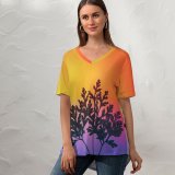 yanfind V Neck T-shirt for Women Marek Piwnicki Herbal Plant Gradient RGB Light Colorful Multicolor Silhouette Vibrant Summer Top  Short Sleeve Casual Loose