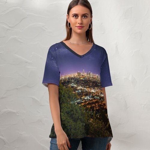 yanfind V Neck T-shirt for Women Lowe Rehnberg Los Angeles City Cityscape City Lights Night Time Horizon Starry Summer Top  Short Sleeve Casual Loose