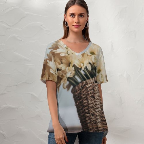 yanfind V Neck T-shirt for Women Arrangement Bouquet Floral Life Basket Petal Flowers Wallpapers Plant Fruits Free Summer Top  Short Sleeve Casual Loose