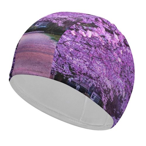 yanfind Swimming Cap Cherry  Trees Purple Flowers Pathway Park Floral Colorful Spring Beautiful Elastic,suitable for long and short hair