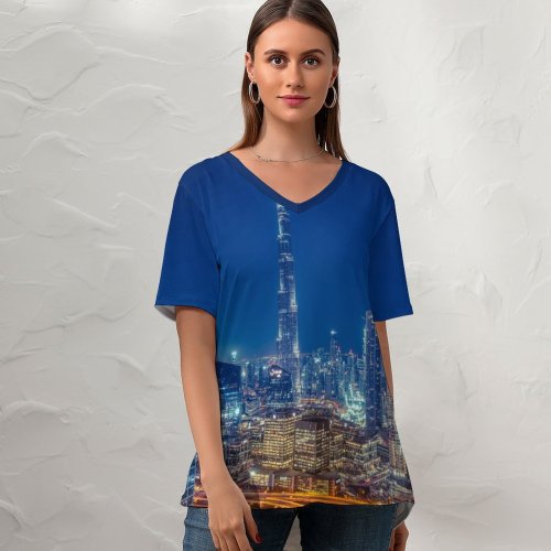 yanfind V Neck T-shirt for Women Burj Khalifa Dubai Skyscraper Cityscape Modern Architecture Night City Lights Metropolitan Urban Summer Top  Short Sleeve Casual Loose