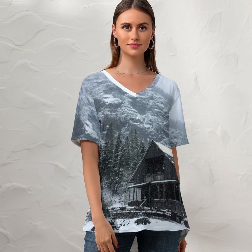 yanfind V Neck T-shirt for Women Building Alps Cabin Snow Wallpapers Mountain Outdoors Tree Altausseer Free Mistery Summer Top  Short Sleeve Casual Loose