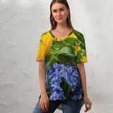 yanfind V Neck T-shirt for Women Arrangement Ogorod Iris Spring Petal Pottery Potted Flowers Jar Vase Plant Summer Top  Short Sleeve Casual Loose