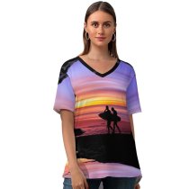 yanfind V Neck T-shirt for Women Beach Silhouette Cave Surfboard Sea Ocean Purple Sky Sunset Summer Top  Short Sleeve Casual Loose