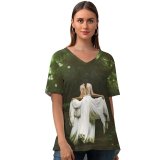 yanfind V Neck T-shirt for Women Fantasy Wallpapers Angel Wedding Dress Free Girls Pictures Bride Fairy Bridal Summer Top  Short Sleeve Casual Loose